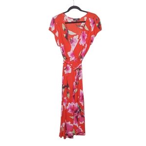 Lulu's Size M Have Love Will Travel Coral Floral Wrap Midi Dress Red Pink Green
